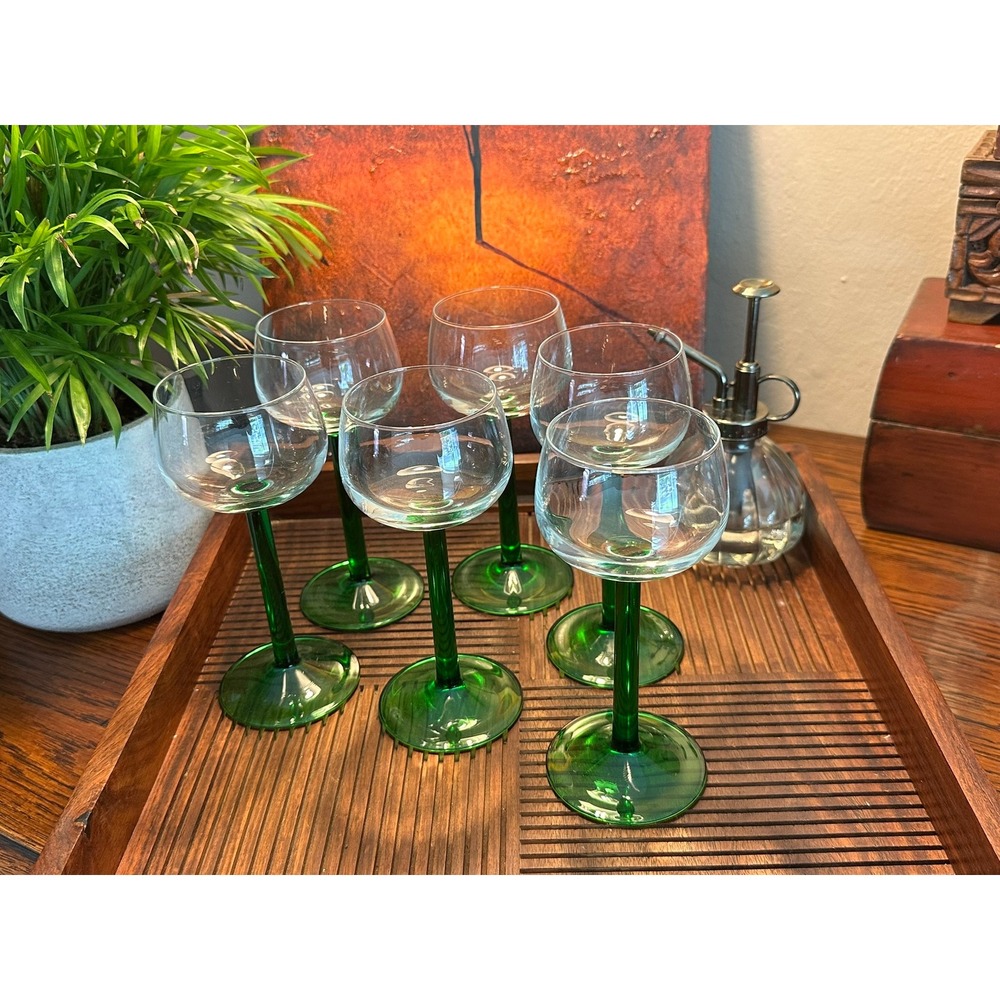 Set of 6 Vintage Luminarc Emerald Green Stem Wine Glasses France MCM Glassware - Picture 3 of 10